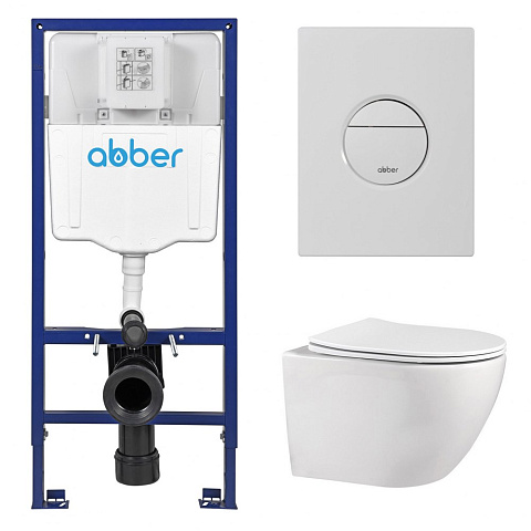 Комплект подвесной унитаз ABBER Bequem AC1100 белый с инсталляцией AC0108 и кнопкой AC0126MW белая матовая