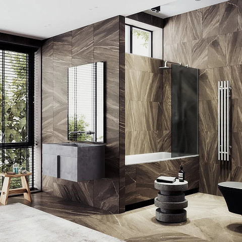 Шторка для ванны в профиле MaybahGlass 1400×300 Стекло 8 мм Графит, широкий профиль хром матовый MGV-252-5ш