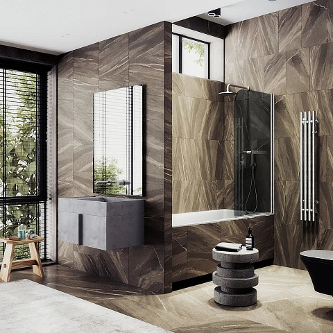Шторка для ванны поворотная на монопетле MaybahGlass 1400×600 Стекло 6 мм Графит +Полотенцедержатель, профиль хром матовый MGV-779-5