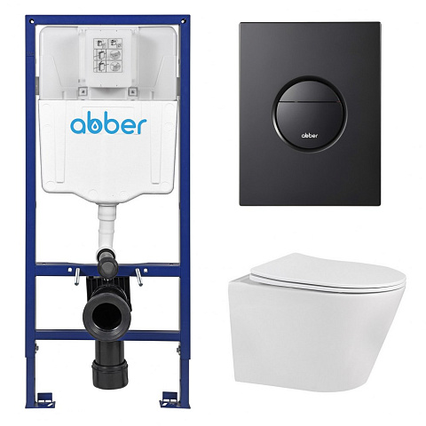 Комплект подвесной унитаз ABBER Bequem AC1102 белый с инсталляцией AC0108 и кнопкой AC0126MB черная матовая