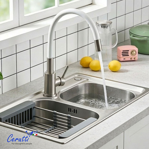 Смеситель для кухни Ceruttispa АТЭНА BN-W (ATENA BN-W) из нержавеющей стали, цвет матовый никель, излив белый