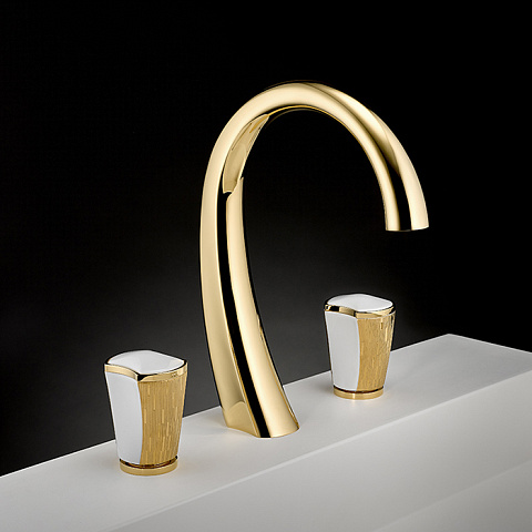 THG INFINI PORCELAINE BLANCHE DECOR OR Смеситель для раковины на 3 отверстия, с донным клапаном, цвет полированное золото, U2F-F01-151
