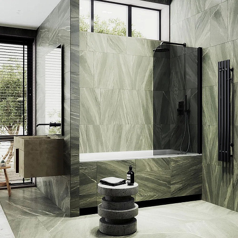Шторка для ванны поворотная на монопетле MaybahGlass 1400×400 Стекло 6 мм Графит, профиль черный MGV-603-6