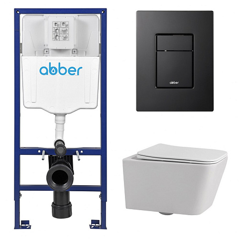 Комплект подвесной унитаз ABBER Rechteck AC1201 белый с инсталляцией AC0108 и кнопкой AC0123MB черная матовая