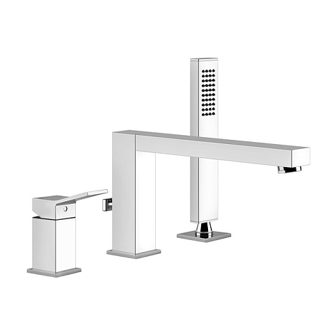 Gessi Rettangolo K Смеситель для ванны на 3 отверстия, с встроенным в излив переключателем и ручным душем, цвет: хром, 53037#031