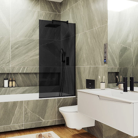 Шторка для ванны в профиле MaybahGlass 1400×300 Стекло 8 мм Графит, узкий профиль черный MGV-252-6у