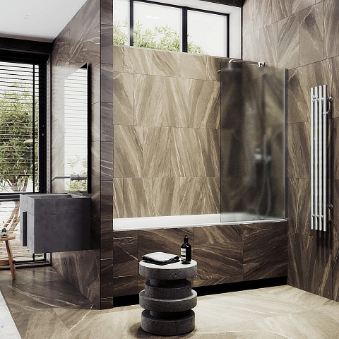Шторка для ванны в профиле MaybahGlass 1400×300 Стекло 8 мм Сатин, широкий профиль хром матовый MGV-253-5ш