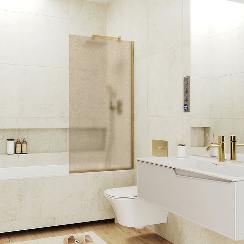 Шторка для ванны в профиле MaybahGlass 1400×300 Стекло 8 мм Бронза матовая, узкий профиль золото MGV-249-3у