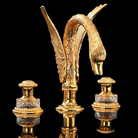 Devon&Devon Devon Excelsior Swan Смеситель для раковины на 3 отв., с донным клапаном, цвет: золото 24k/отделка хрусталь, EXC-SW100GK