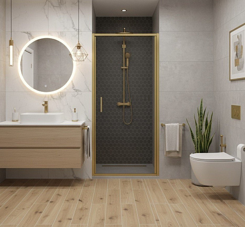Душевой уголок прямоугольный с распашной дверью CeramaLux CL1020MG-90 MATT GOLD 900×900×1900 мм, профиль золото матовое, стекло 6 мм прозрачное