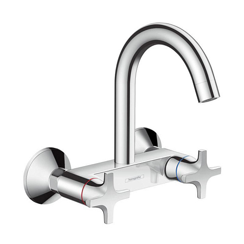 Hansgrohe HG Logis Classic Смеситель для кухни настенный, поворотный излив 144мм, с 2 ручками "+", цвет: хром, 71286000