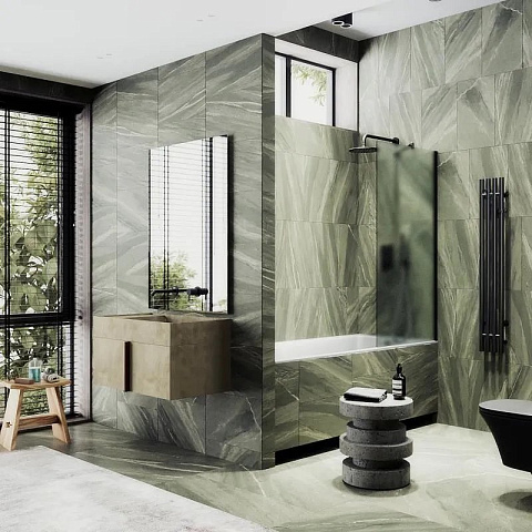 Шторка для ванны в профиле MaybahGlass 1400×300 Стекло 8 мм Сатин, широкий профиль черный MGV-253-6ш