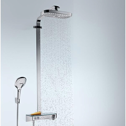 Hansgrohe HG Raindance Select E Душевая система Showerpipe: верх.душ 300 2jet, ручн.душ, шланг, термостат с полочкой, цвет: белый/хром, 27126400