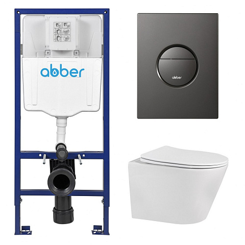 Комплект подвесной унитаз ABBER Bequem AC1102 белый с инсталляцией AC0108 и кнопкой AC0126NG оружейная сталь
