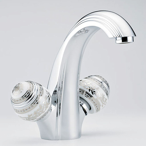 THG MARQUISE BLANC DECOR PLATINE Смеситель для раковины на 1 отверстие, с донным клапаном, ручки белые, декор платина, цвет хром, A7G-A02-2155