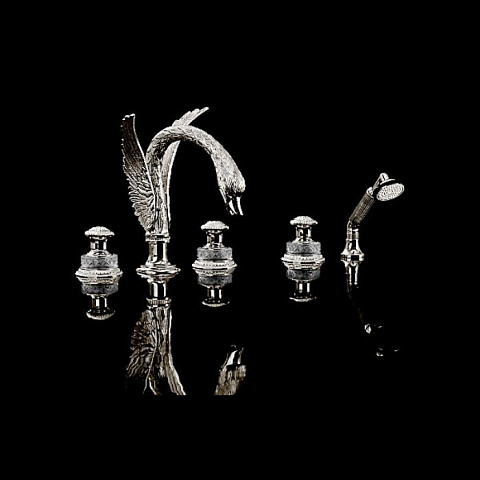 Devon&Devon Devon&Devon Excelsior Swan Смеситель для установки на борт ванны с 5 отверстиями, переключателем и душем. Цвет: блестящий никель., EXC-SW150NK
