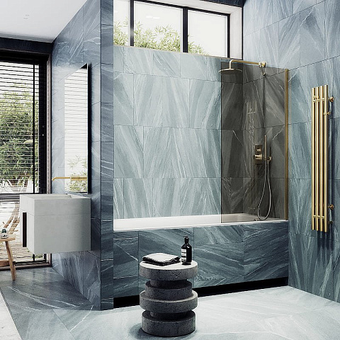 Шторка для ванны в профиле MaybahGlass 1400×300 Стекло 8 мм Бронза, широкий профиль золото MGV-250-3ш