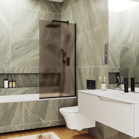 Шторка для ванны в профиле MaybahGlass 1400×400 Стекло 8 мм Бронза матовая, узкий профиль черный MGV-72-6у