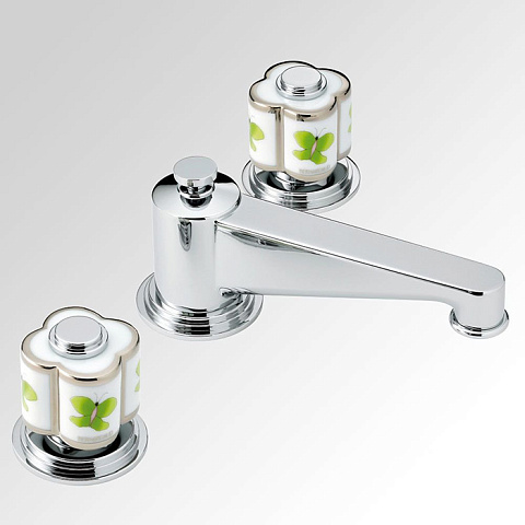 THG CAPUCINE VERT DECOR PLATINE Смеситель для раковины на 3 отверстия, с донным клапаном, декор платина/зеленый, цвет хром, A7E-A02-151