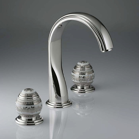 THG MARQUISE BLANC DECOR PLATINE Смеситель для раковины на 3 отверстия, с донным клапаном, ручки белые, декор платина, цвет хром, A7G-A02-151