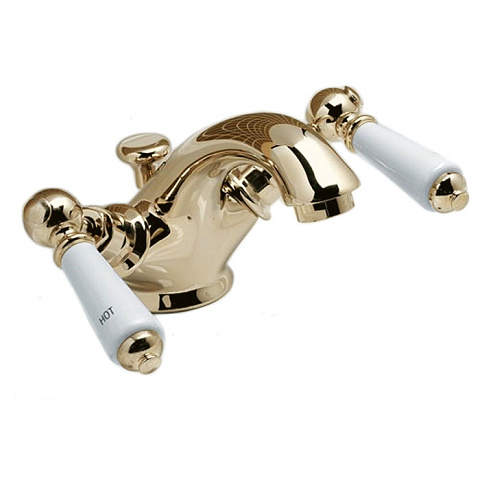 Devon&Devon Devon Dandy Смеситель для раковины на 1 отв., с донным клапаном, c ручками белыми, цвет: золото светлое, MARF54