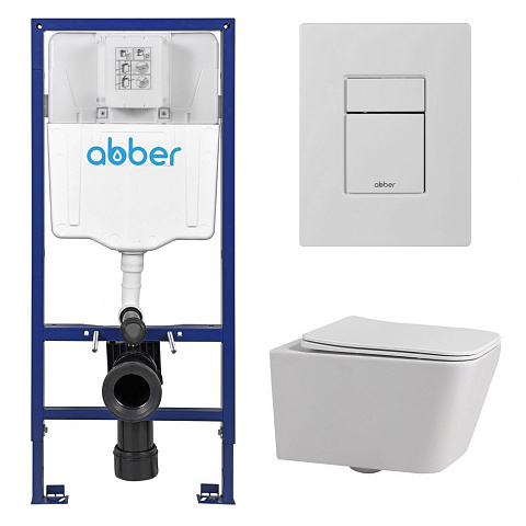 Комплект подвесной унитаз ABBER Rechteck AC1201 белый с инсталляцией AC0108 и кнопкой AC0123MW белая матовая